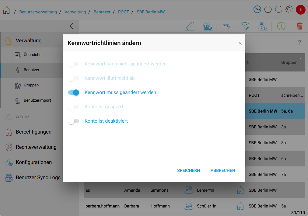 Kennwortrichtlinien ändern Oberfläche