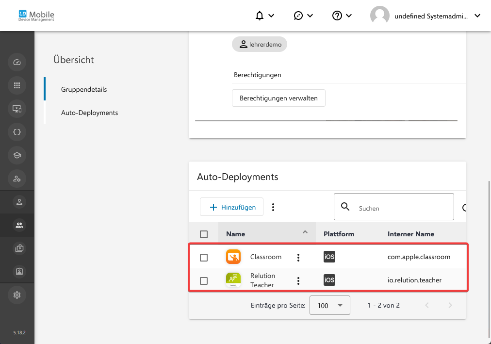 Liste der Auto-Deployment-Apps