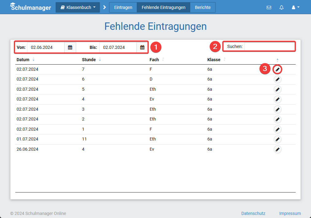 Fehlende Eintragungen