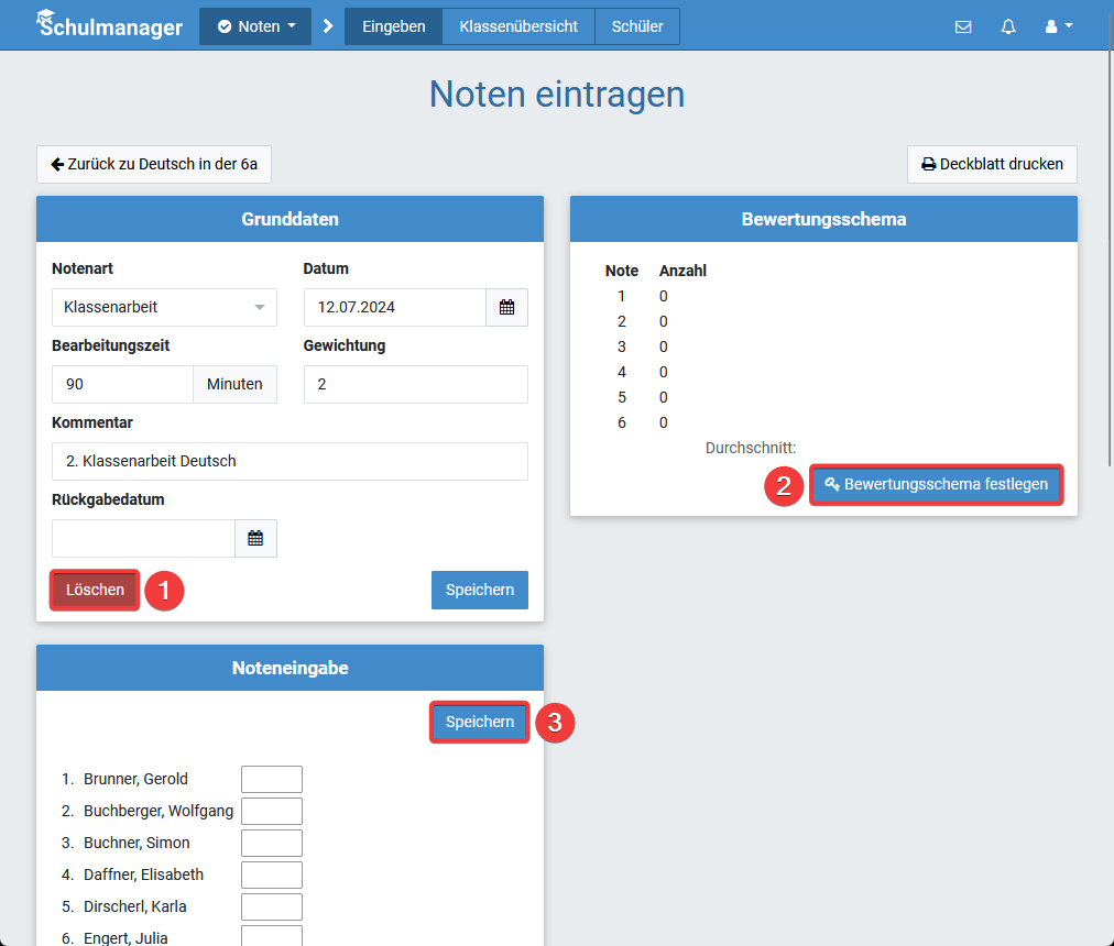 Noten eintragen vor Bewertungsschema