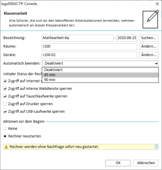 Klassenarbeit Einstellungen